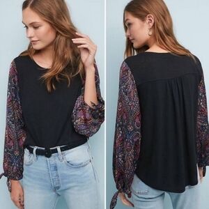 Anthropologie Akemi + Kin Maybelle Black Paisley Print Satin Tie Sleeve Top